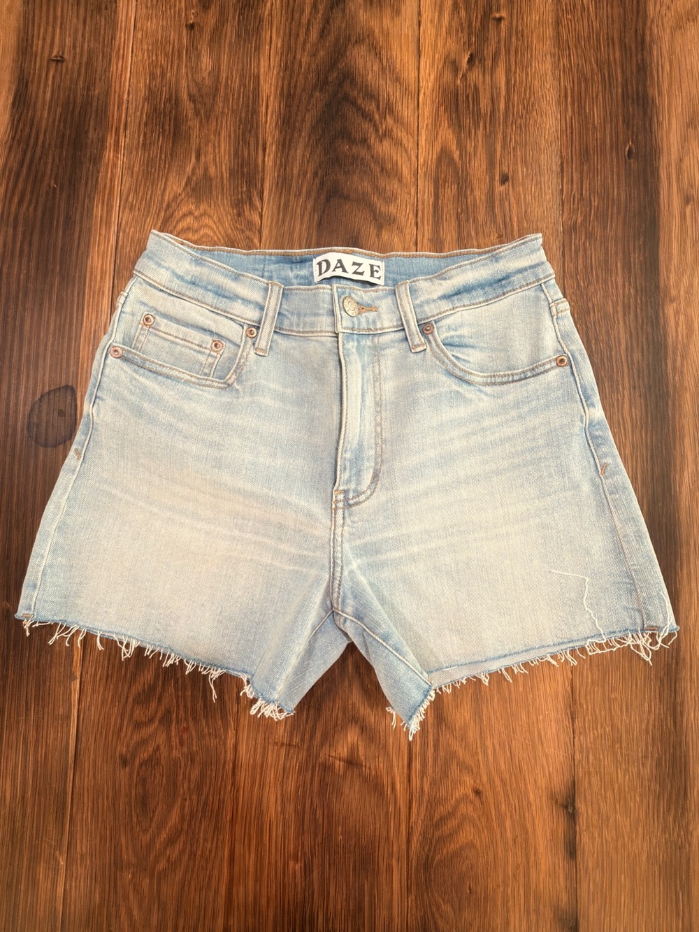 DAZE Light Blue High-Rise Frayed Denim Shorts